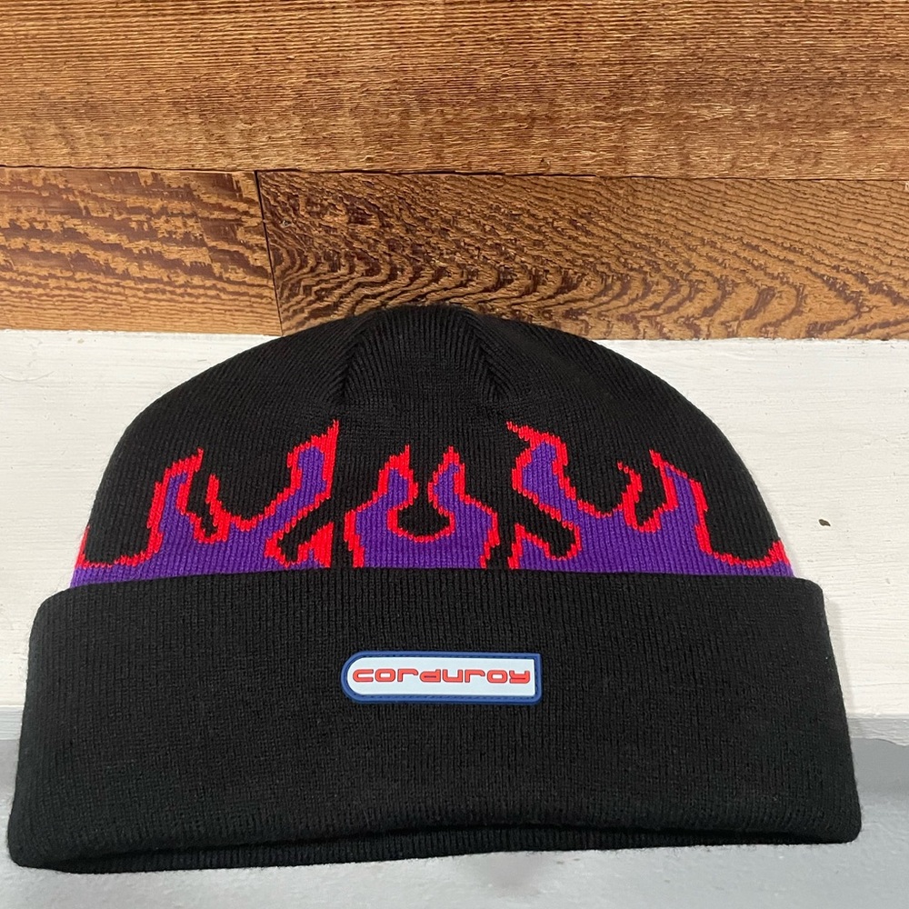 Curdoroy Black Beanie with Red and Purple Flame Design